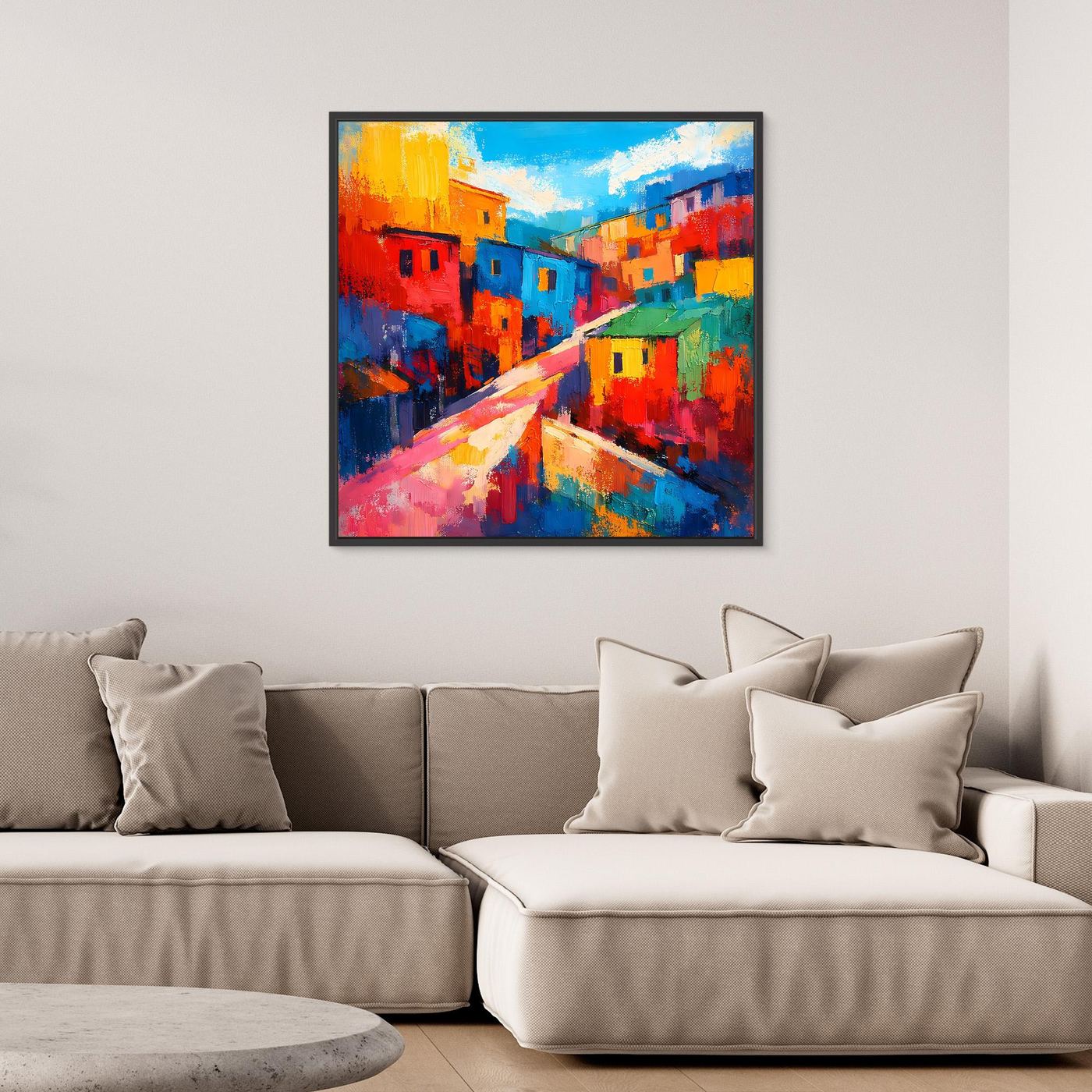 Buntes abstraktes Leinwand-Wandbild mit Stadtstraße und Häusern im schwarzen Rahmen