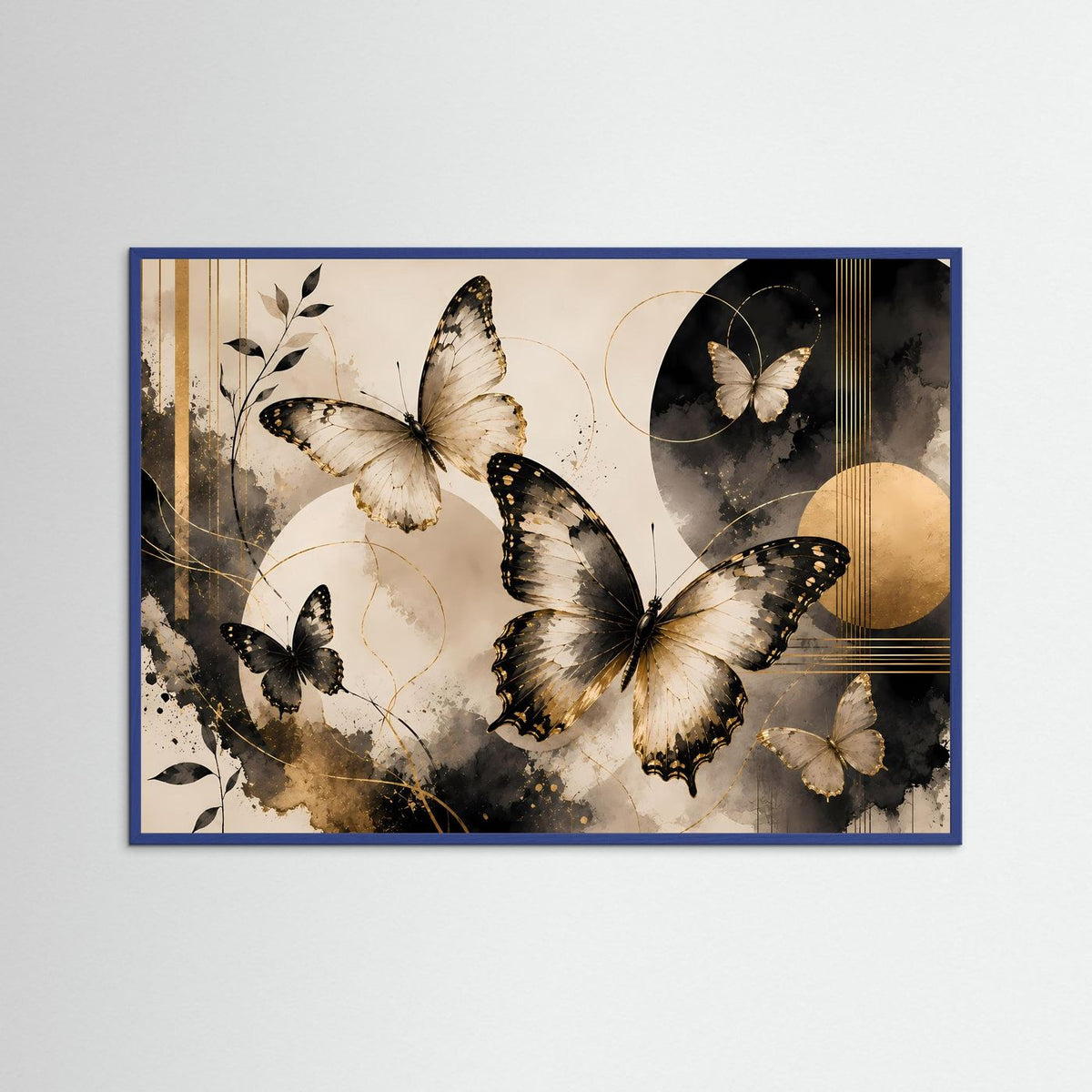 Gerahmtes Schmetterlings-Poster Querformat: mehrere Schmetterlinge, Gold- und Brauntöne