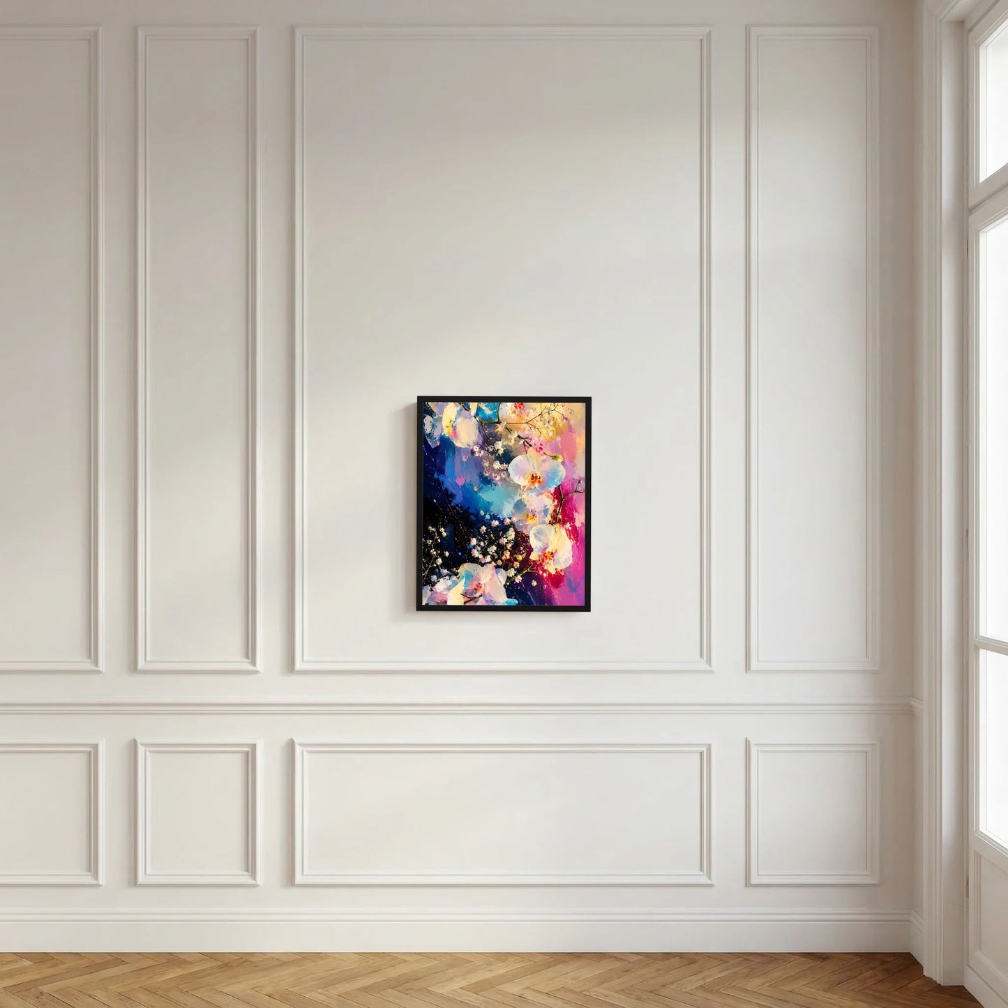 Schwarz gerahmtes Orchideen-Kunstposter, florales Motiv in Rosa, Blau und Gelb