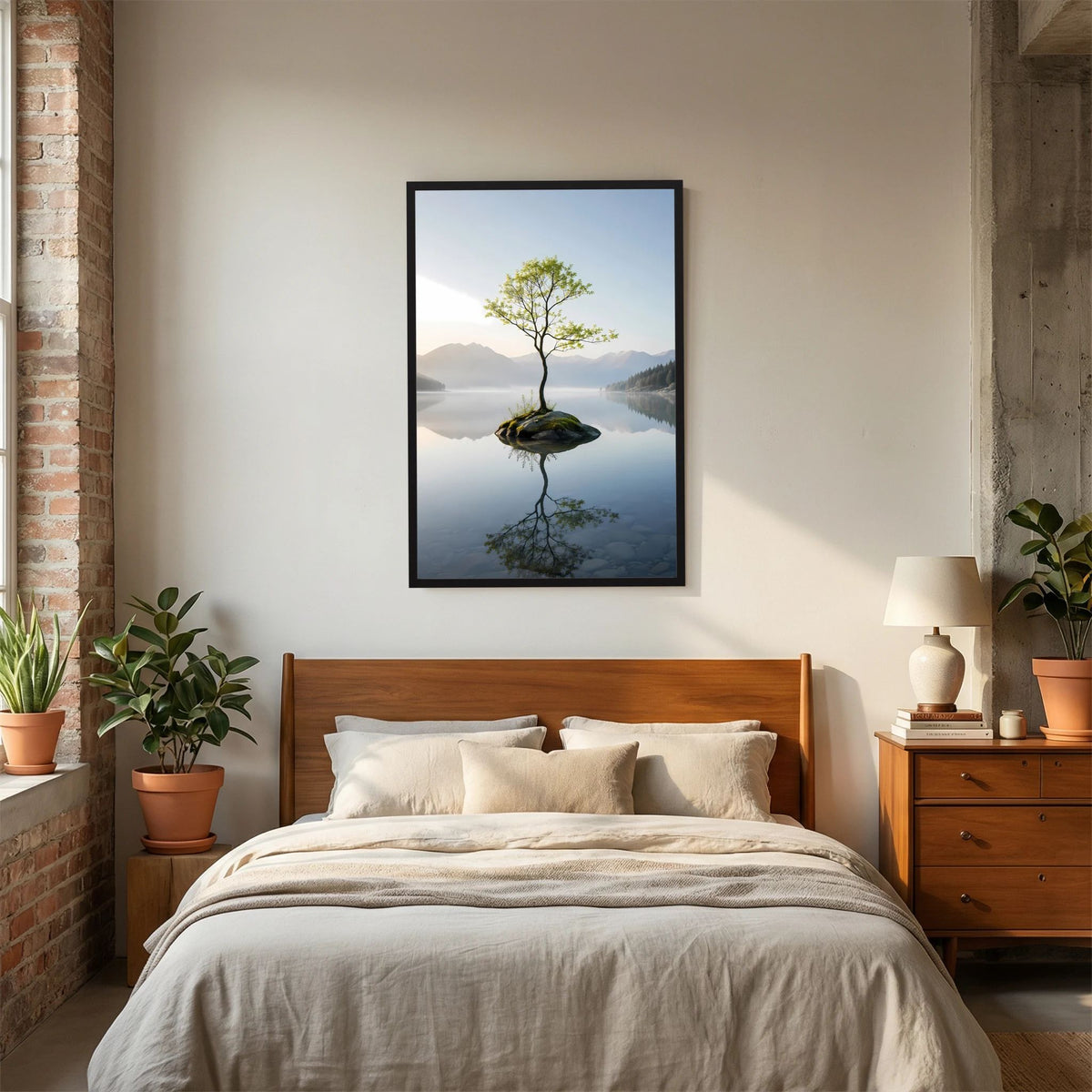 Hochformat-Poster mit schwarzem Rahmen: Baum auf Felsen im Bergsee mit Spiegelung