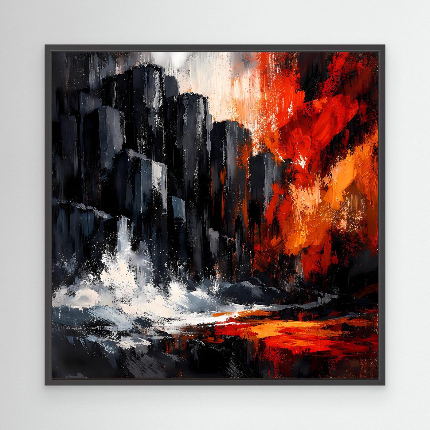 Abstraktes Leinwand-Wandbild mit schwarzem Rahmen: dunkle Klippen, Rot-Orange, weiße Spritzer