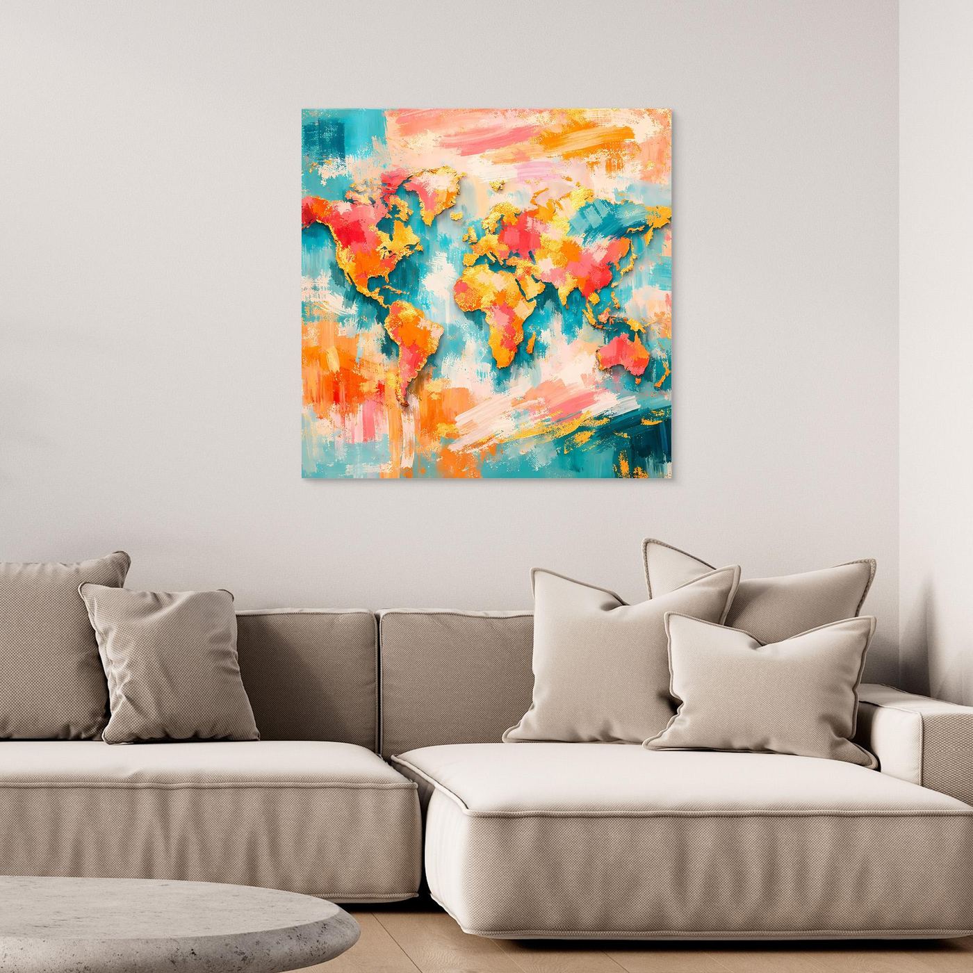 Abstraktes Leinwandbild Weltkarte mit bunten Kontinenten, ohne sichtbaren Rahmen