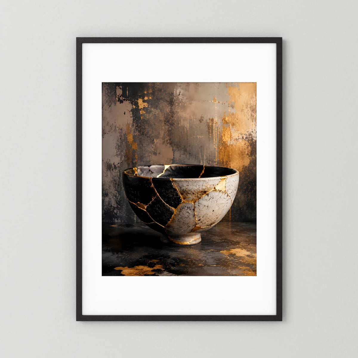 Hochformat-Poster mit Kintsugi-Schale in Schwarz-Weiß mit goldfarbenen Reparaturfugen.