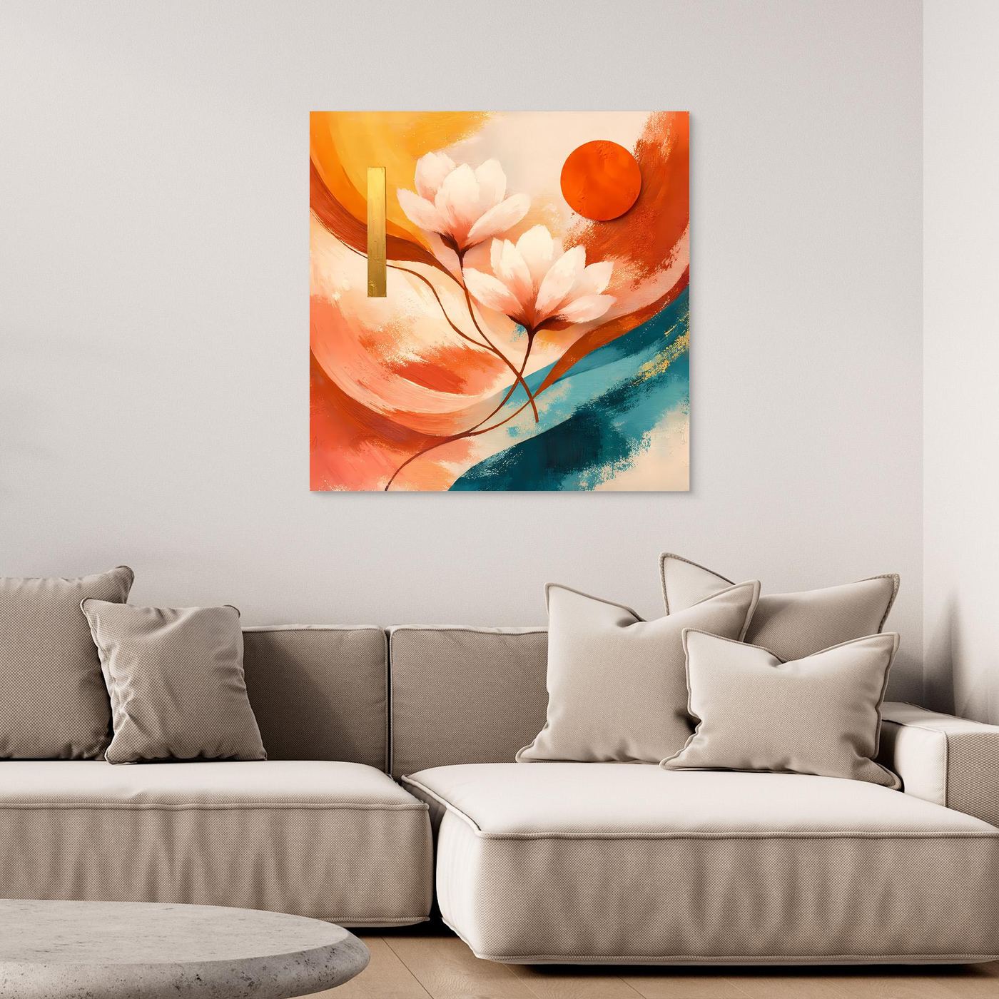 Leinwandbild mit Lotusblüten, orange-rosa Farbmischung und türkisblauer Pinselbahn.
