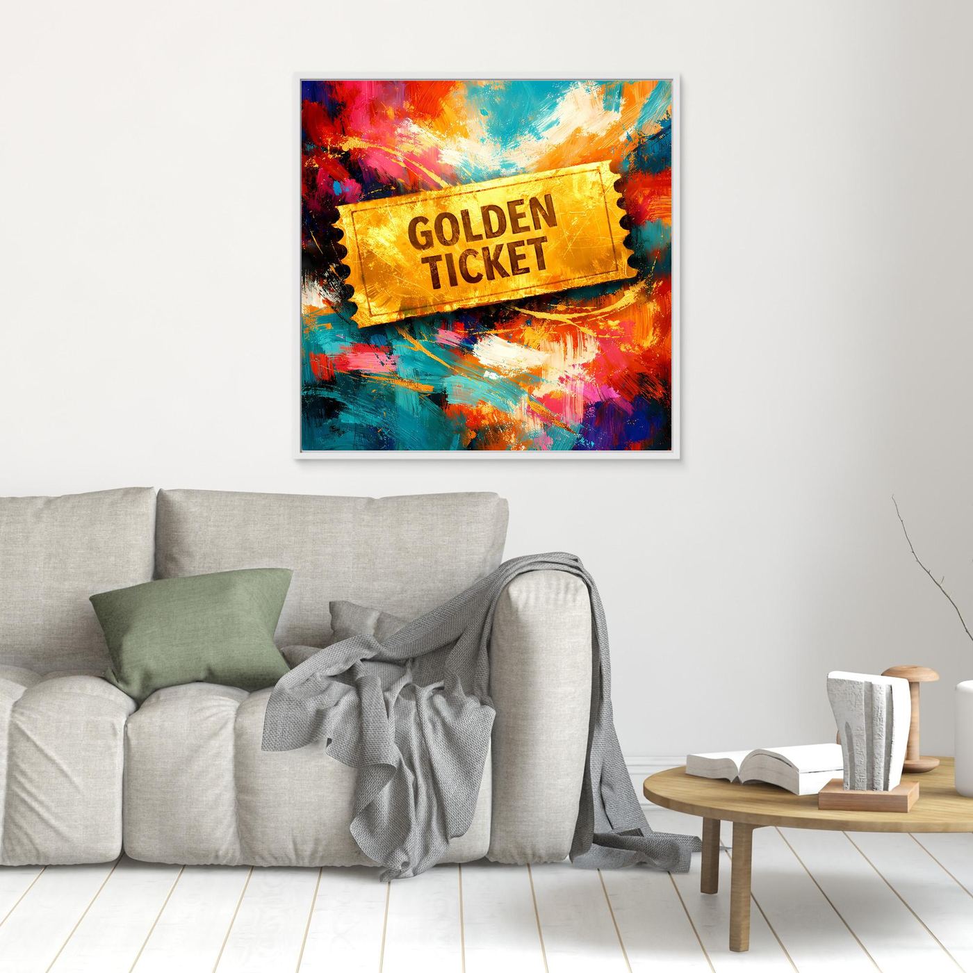 Gerahmtes Leinwandbild „Golden Ticket“ im Kleinformat mit bunt abstraktem Ticketmotiv