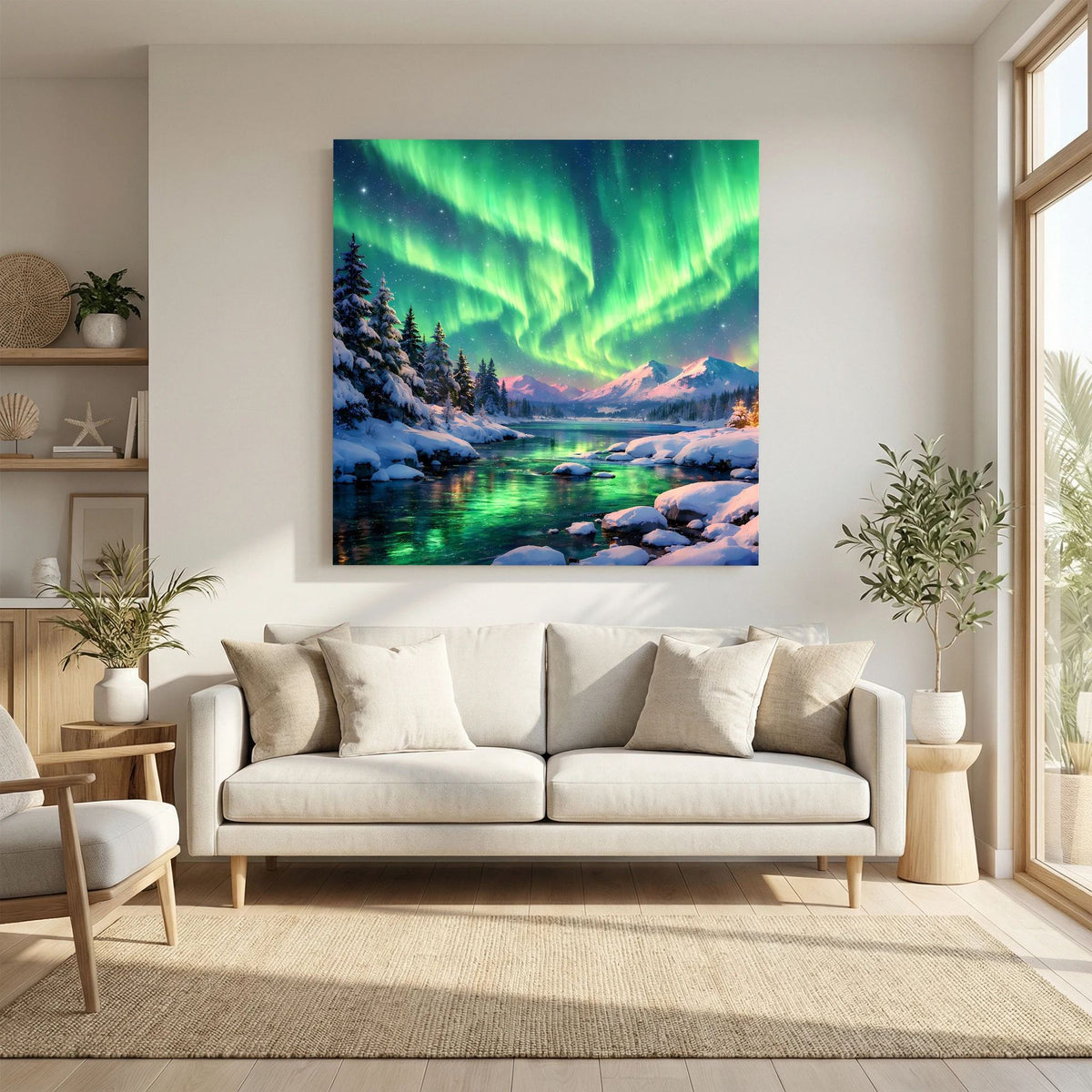 Leinwandbild auf Holzkeilrahmen mit grüner Aurora über Winterwald und schneebedeckten Felsen