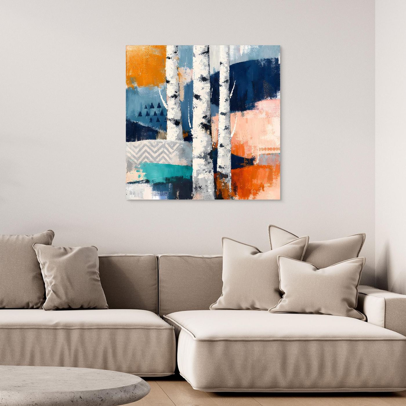 Abstraktes Leinwand-Wandbild mit Birkenwald-Motiv, blau-orangen Farbfeldern und geometrischen Mustern