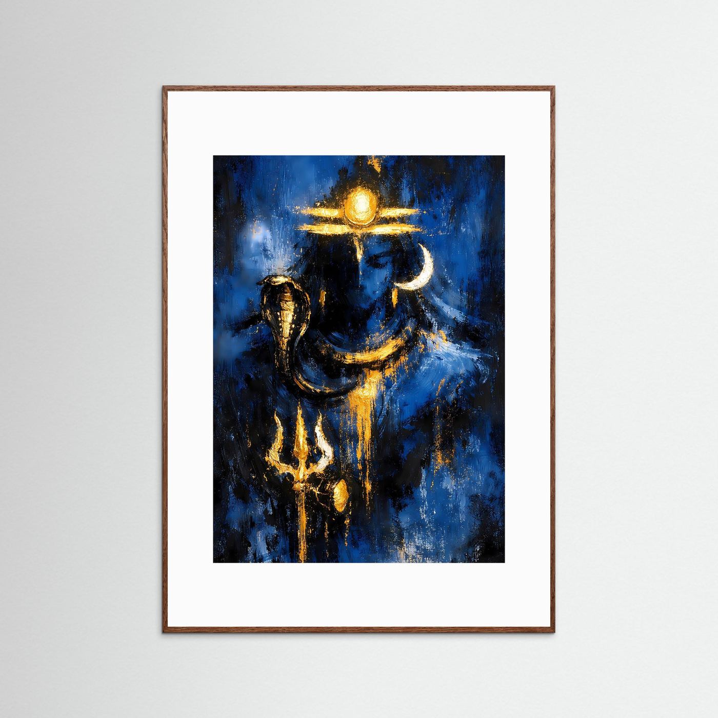 Shiva-Kunstposter, abstraktes Goldmotiv auf tiefblauem Hintergrund, dunkler Holzrahmen