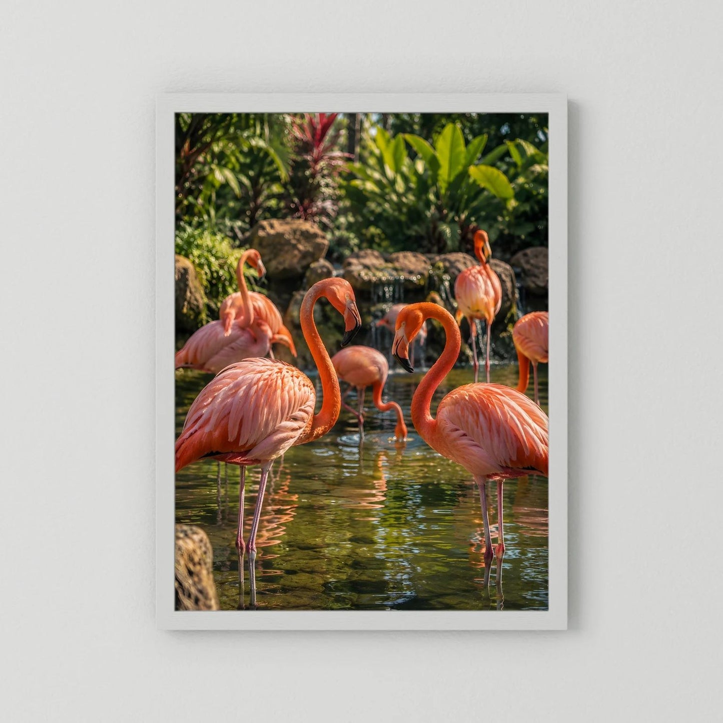 Poster mit rosa Flamingos am Wasser, weißer Rahmen
