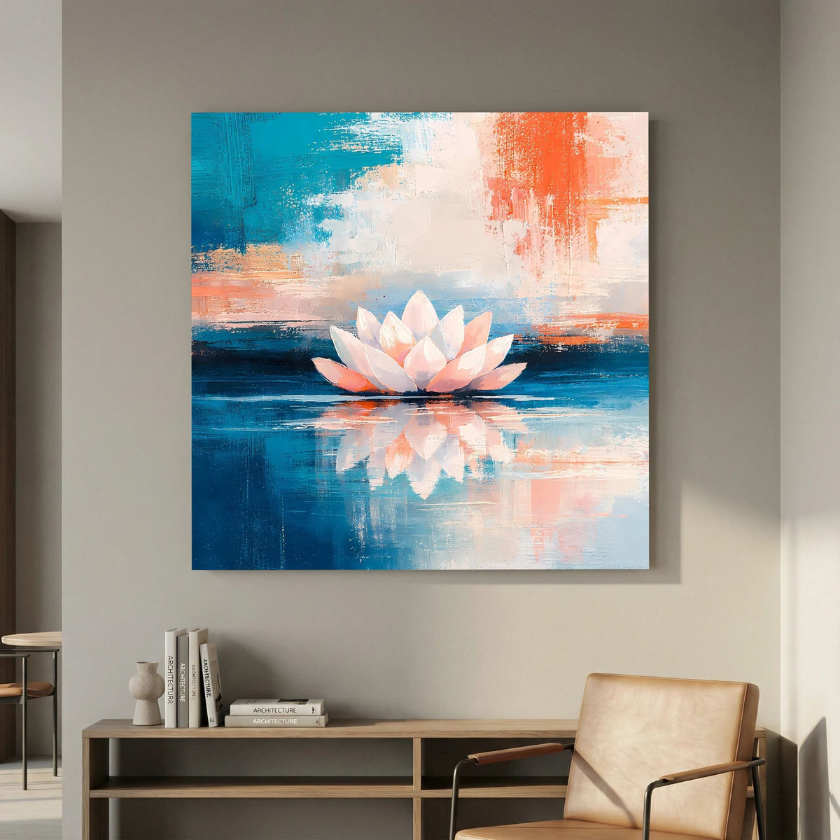 Wandbild mit Lotusblüte im Wasser, reflektierendes Motiv in Blau und Orange auf Leinwand