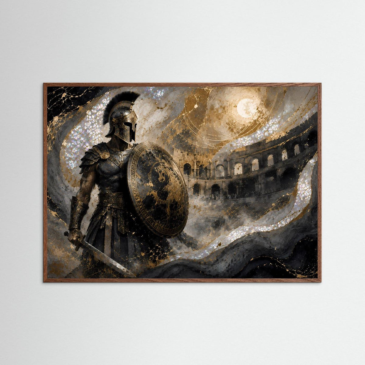 Poster im dunkelbraunen Rahmen: römischer Gladiator im dunklen Rüstzeug mit Rundschild