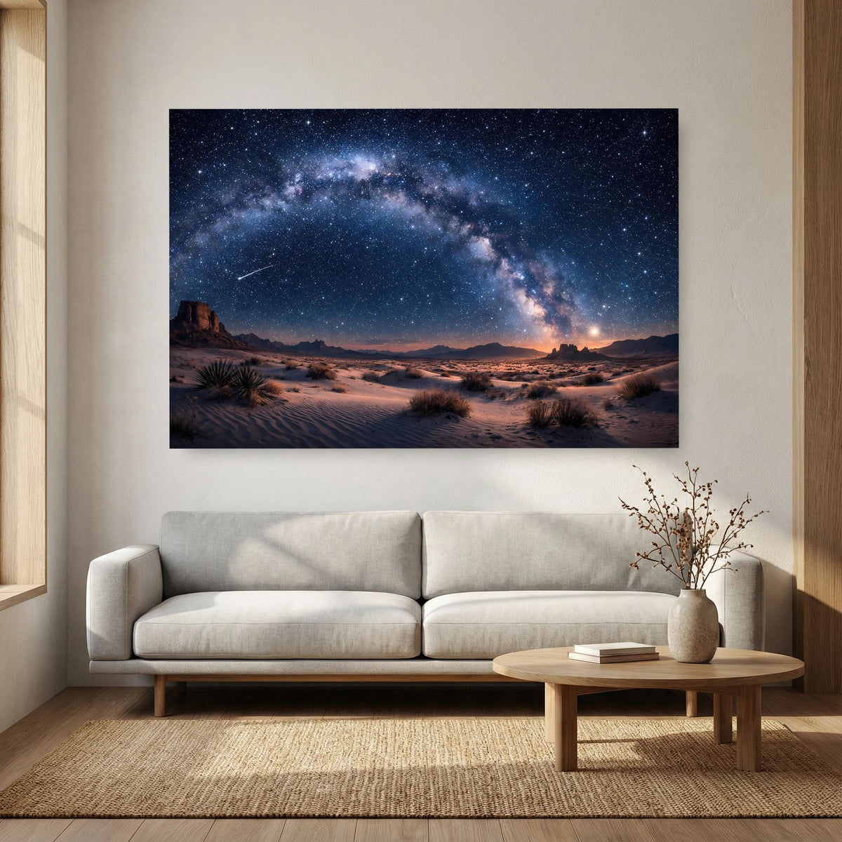 Wandbild mit nächtlicher Wüste, Milchstraße und Sternen, Querformat.
