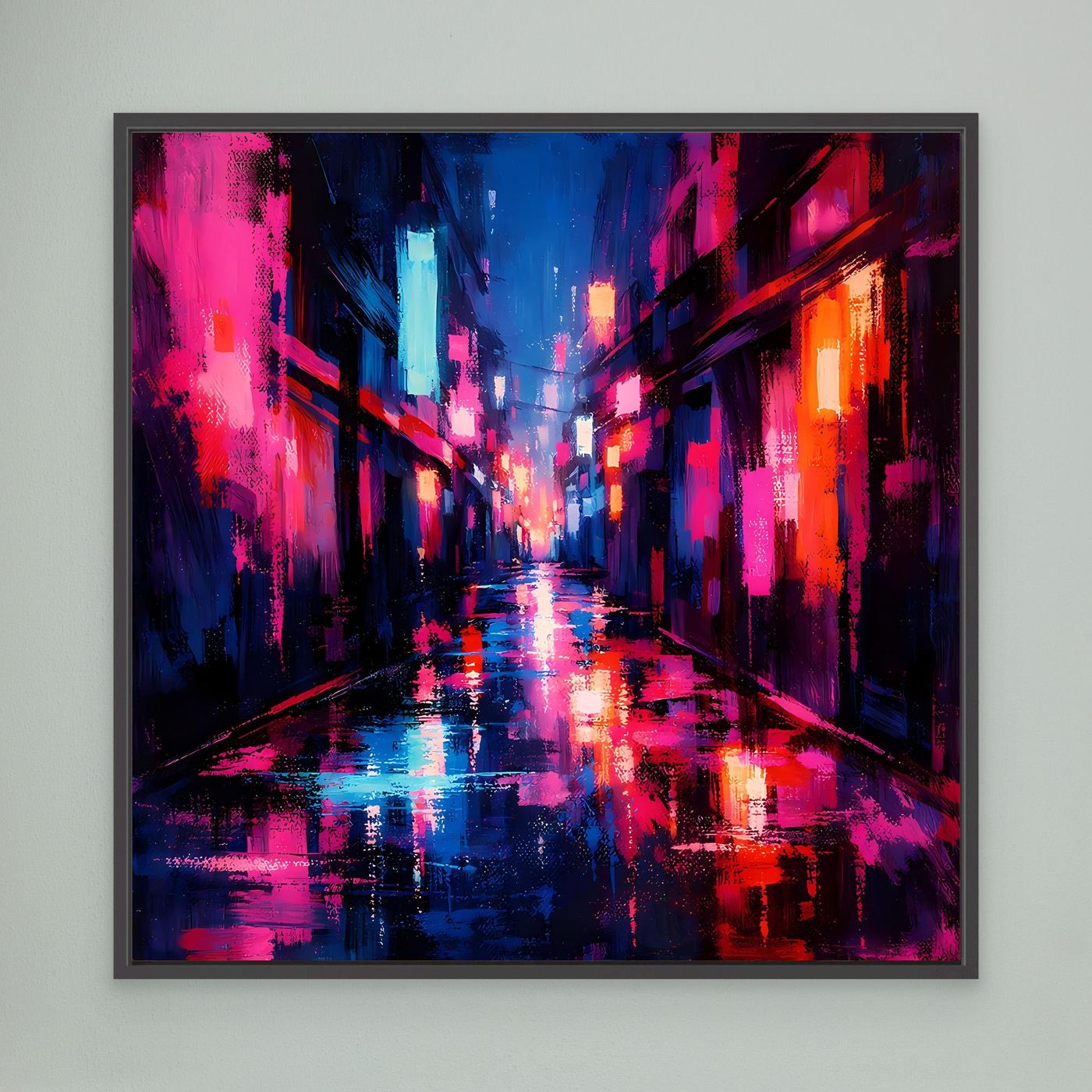 Leinwand Cyberpunk Nachtgasse im Regen | Modernes Neon Wandbild