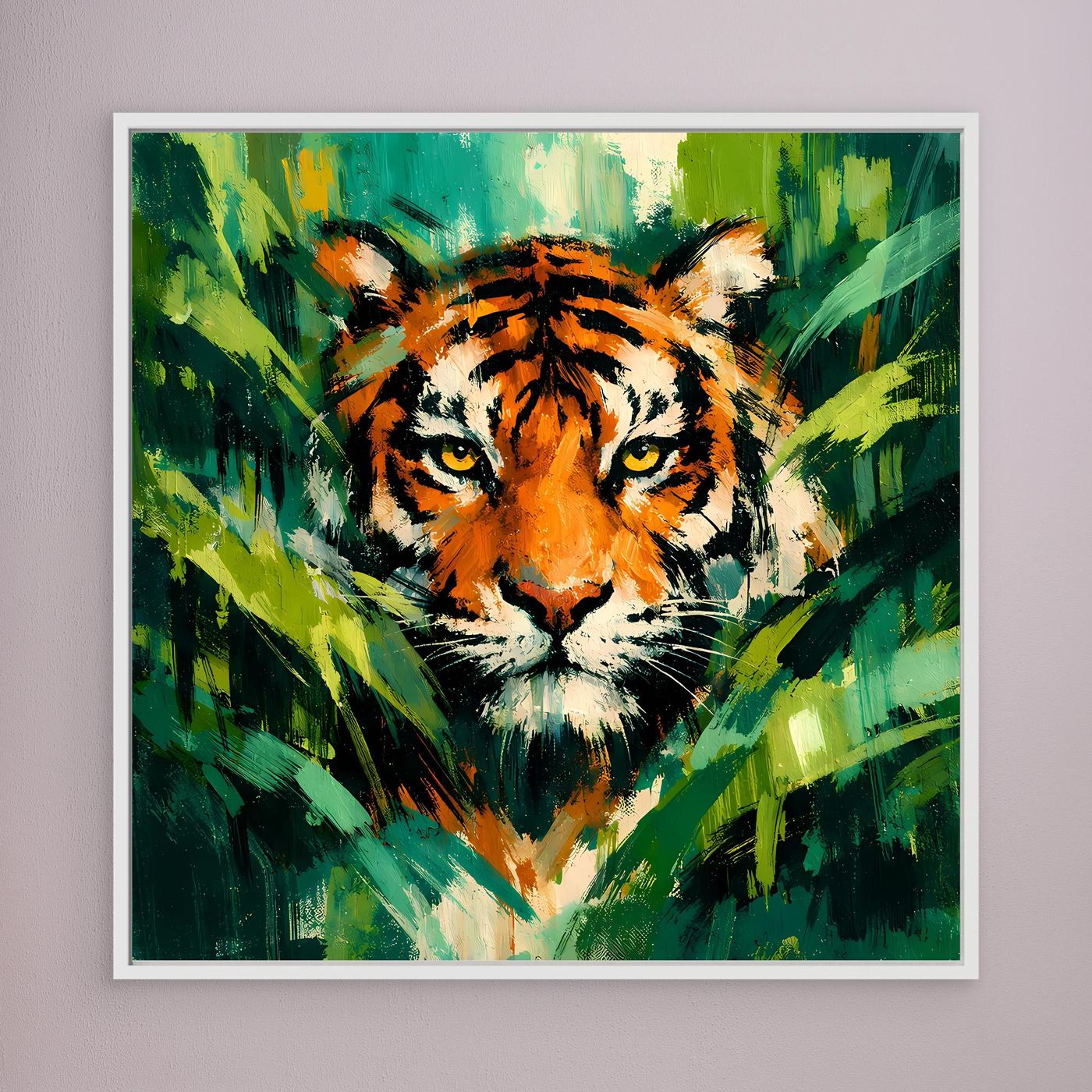 Leinwand Abstraktes Tiger Gemälde | Modernes Wandbild Raubkatze Dschungel Grün Orange