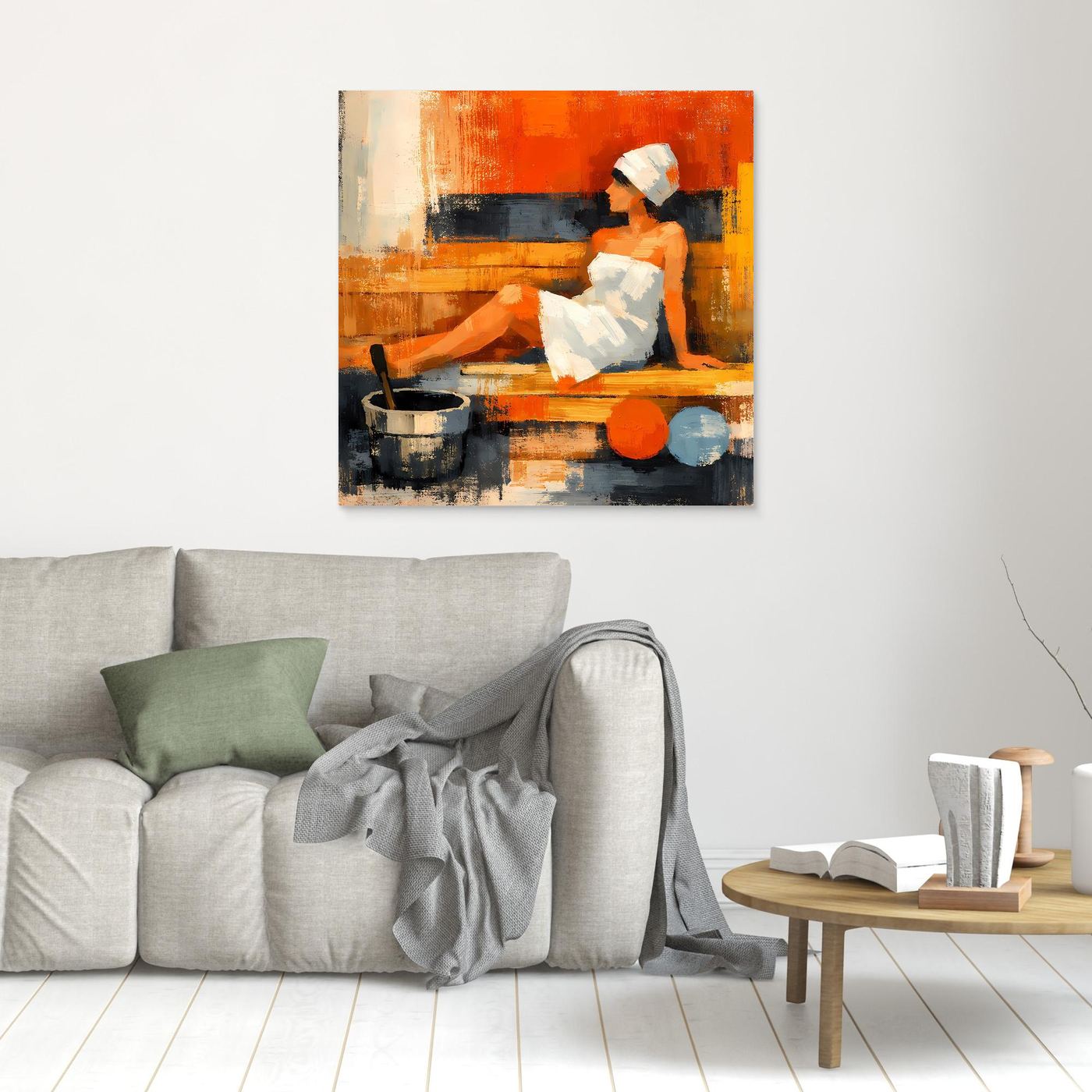 Small framed canvas wall art: abstract sauna woman seated with bucket and orange accents