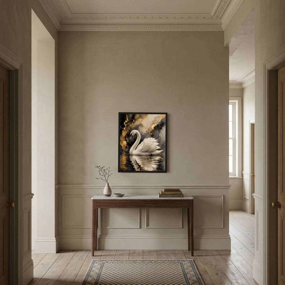 Schwarzes Rahmen-Poster mit weißem Schwan auf goldenem Wasser, Gold-Schwarz abstrakt