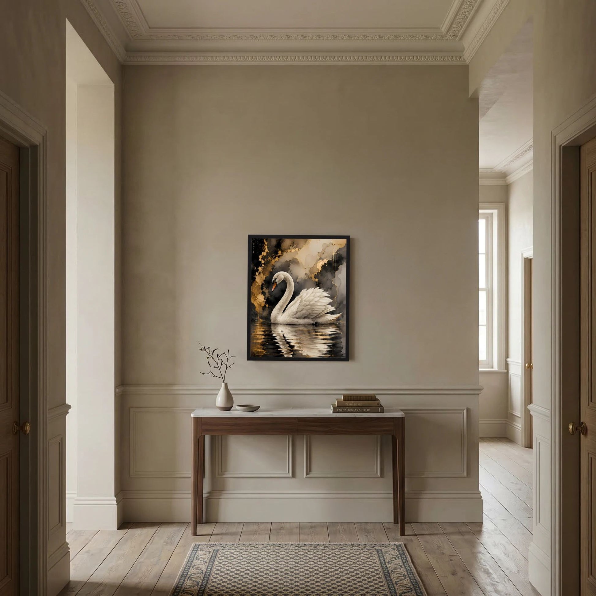 Schwarzes Rahmen-Poster mit weißem Schwan auf goldenem Wasser, Gold-Schwarz abstrakt