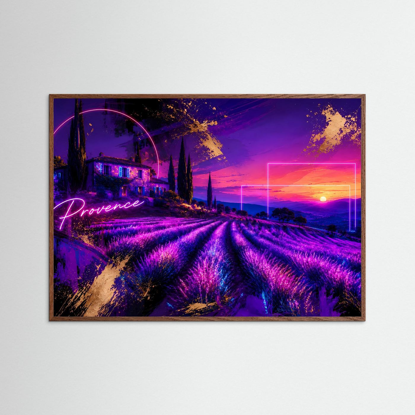 Provence Lavendelfeld Neon Poster | Futuristische Landschaft | Lavendel Sonnenuntergang | Moderne Wandkunst | Fine Art Print