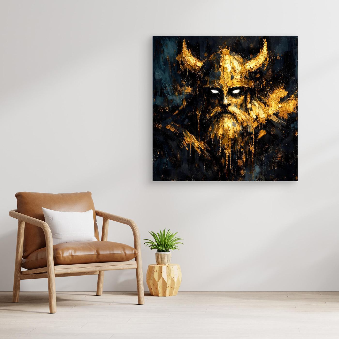 Leinwand Mystischer Wikinger in Gold und Schwarz | Modernes Abstraktes Krieger Wandbild