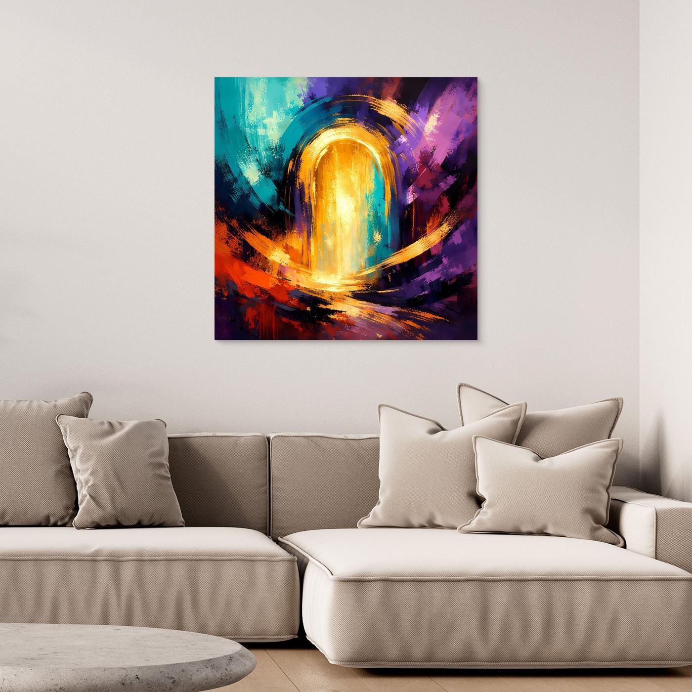 Abstraktes Wandbild mit golden leuchtendem Portal und bunten Pinselstrichen.