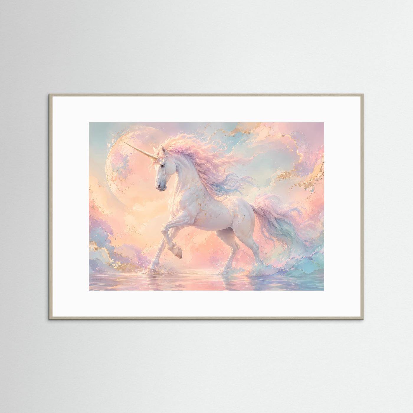 Magisches Einhorn Poster Querformat | Fantasie Wandbild Pastell Himmel & Mond | Mystische Fantasy Kunst