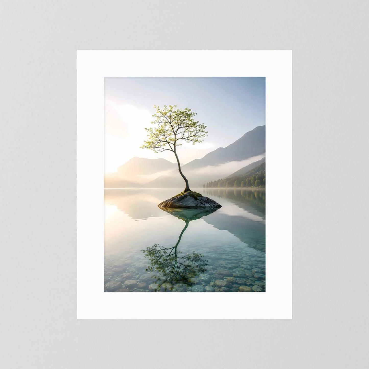 Einsamer Baum im Bergsee | Minimalistische Natur mit Spiegelung | Poster Hochformat