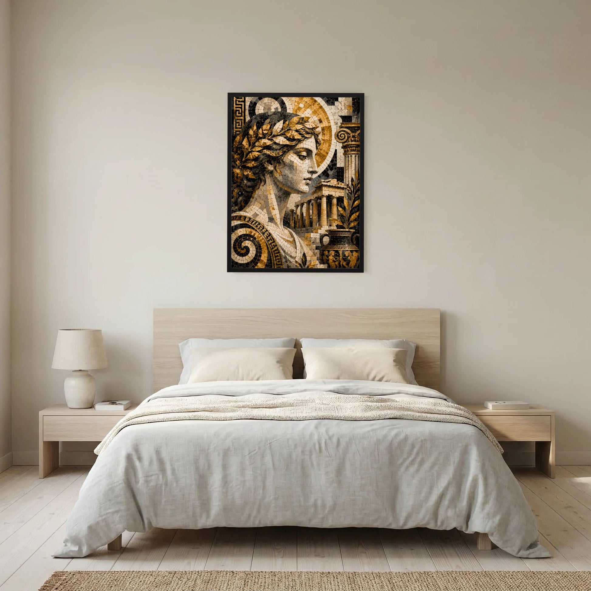Poster mit antiker Mosaik-Göttin in Gold und Schwarz, quadratischer Rahmen
