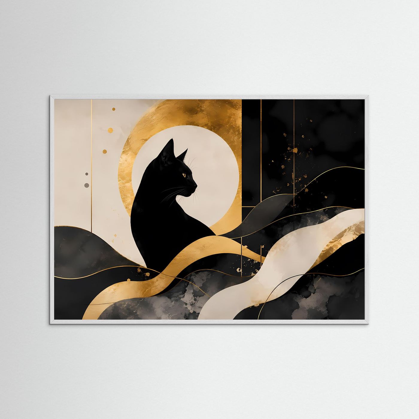 Schwarze Katze vor goldenem Mond | Abstrakte Katzenkunst in Schwarz & Gold