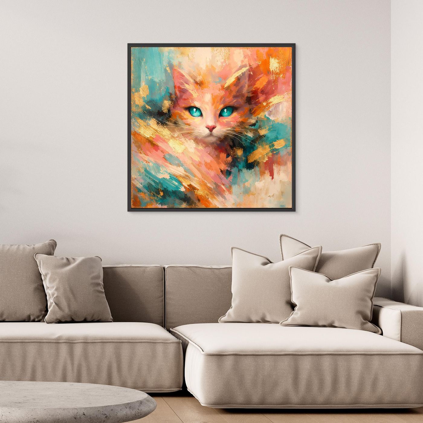 Leinwandbild abstrakte Katze mit türkisfarbenen Augen, bunt, mit dunklem Rahmen