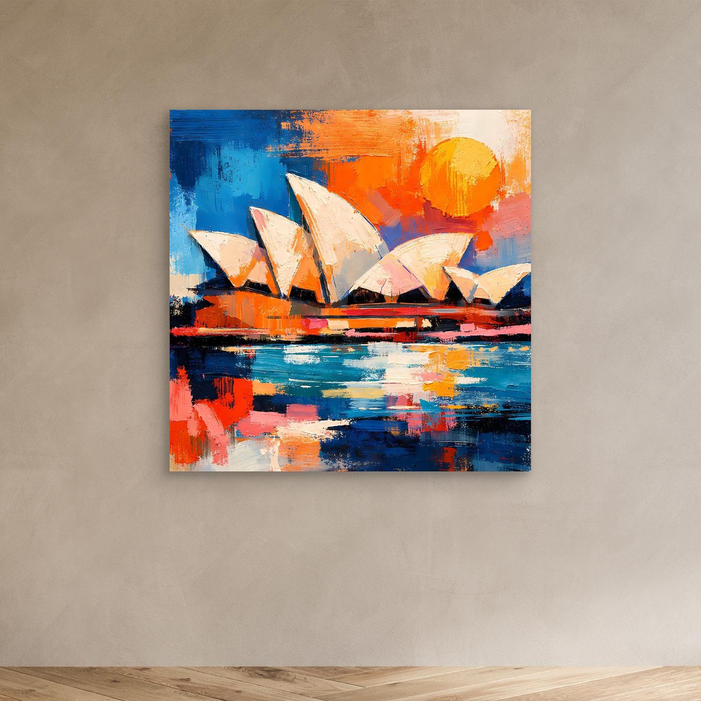 Abstract Sydney Opera House wall art canvas with blue water, orange sun, and white sail forms
