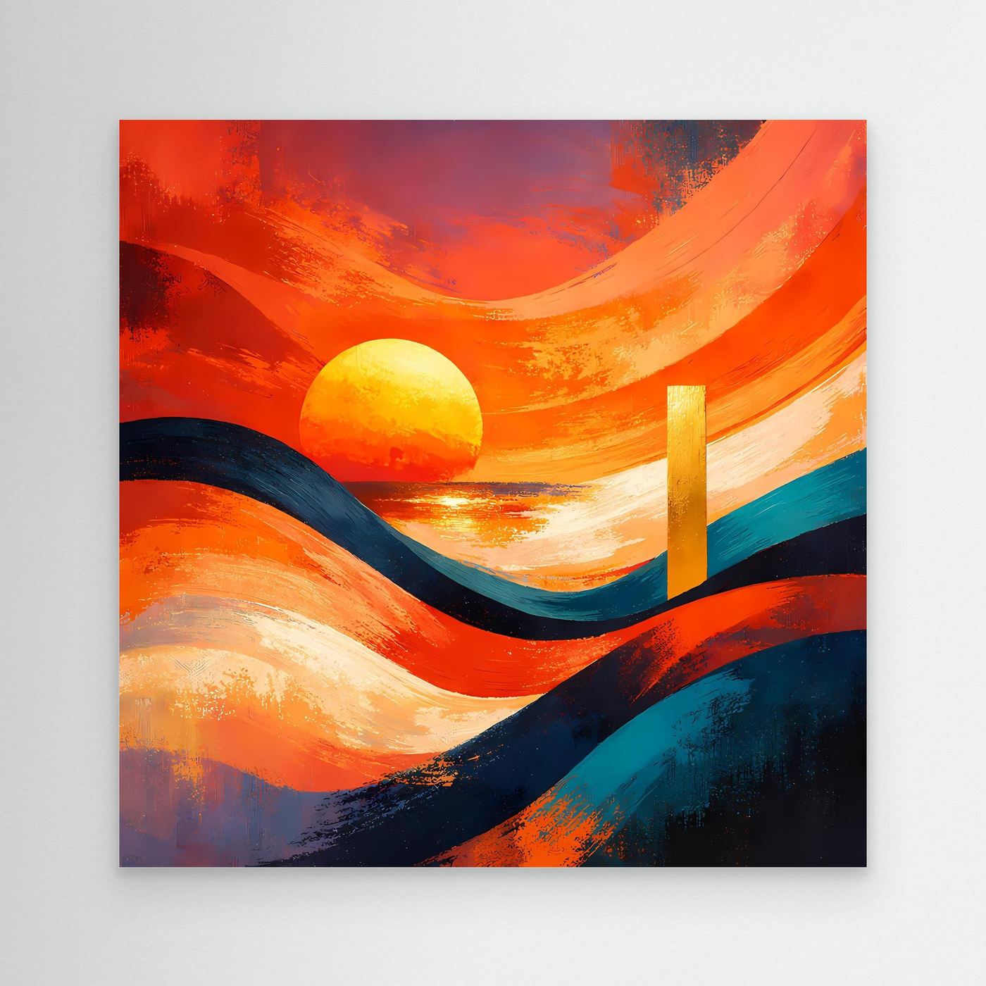 Leinwandbild ohne Rahmen mit abstrakter Küstenlandschaft in Orange, Blau und Sonne