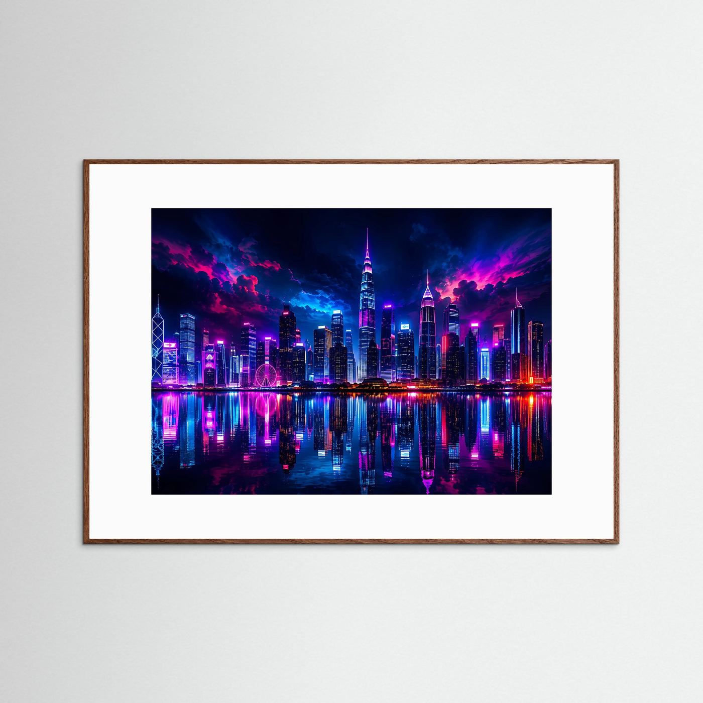 Neon Skyline bei Nacht | Futuristische City Wandbild in Pink & Blau
