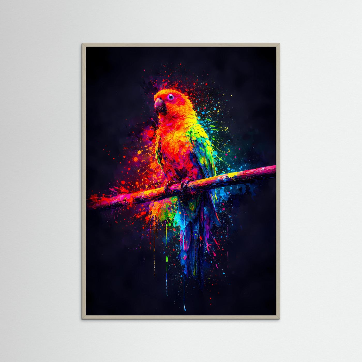 Tropische Farbexplosion | Neon Papagei Poster in bunten Regenbogenfarben | Abstraktes Kunstposter Hochformat