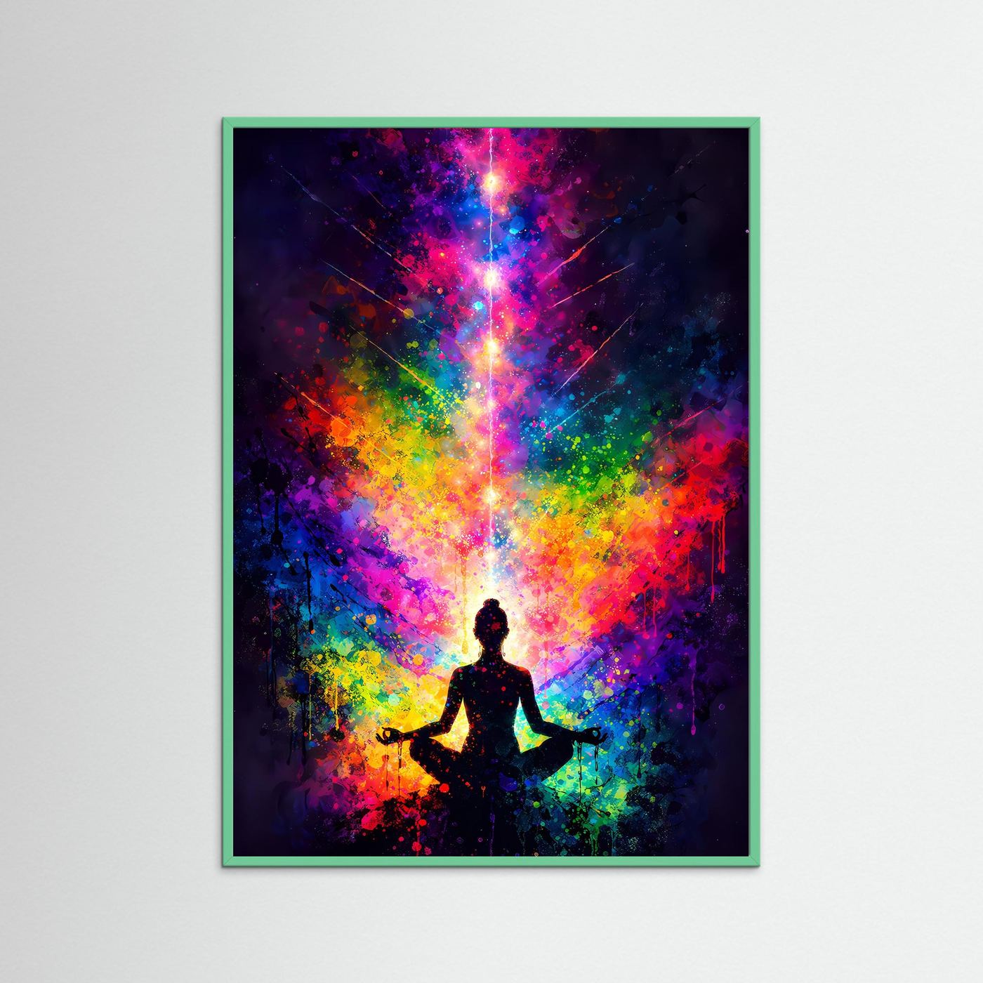 Meditations-Wandbild im Querformat: Person im Lotussitz, bunter Kosmos, grüner Rahmen.