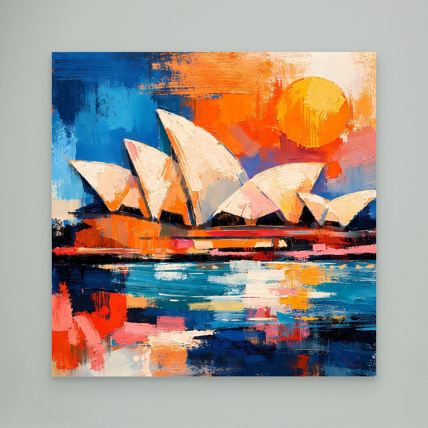 Abstract Sydney Opera House wall art canvas with blue strokes, orange sun, and white sails