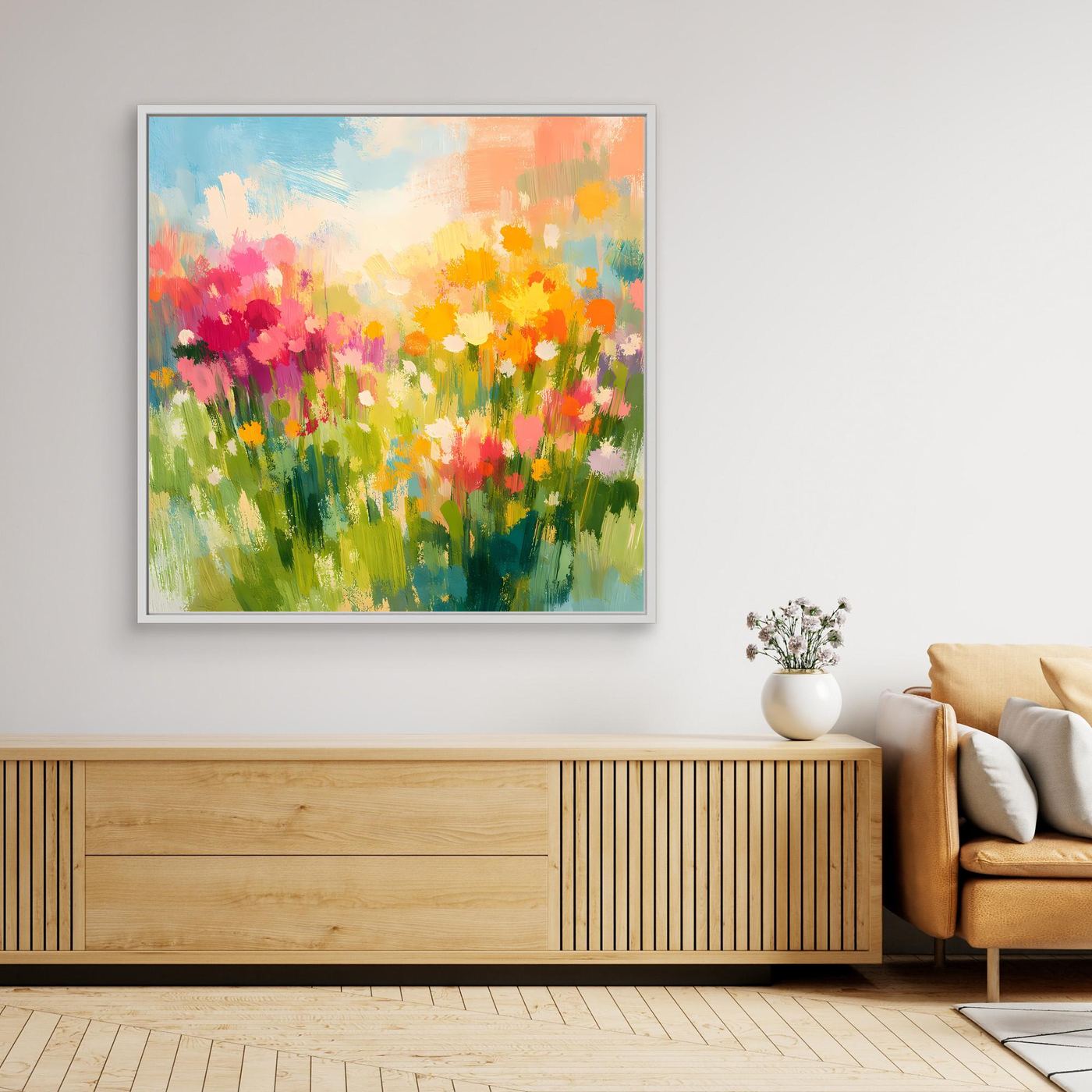 Leinwand Abstrakte Sommerwiese mit Wildblumen | Modernes Blumen Wandbild Bunt