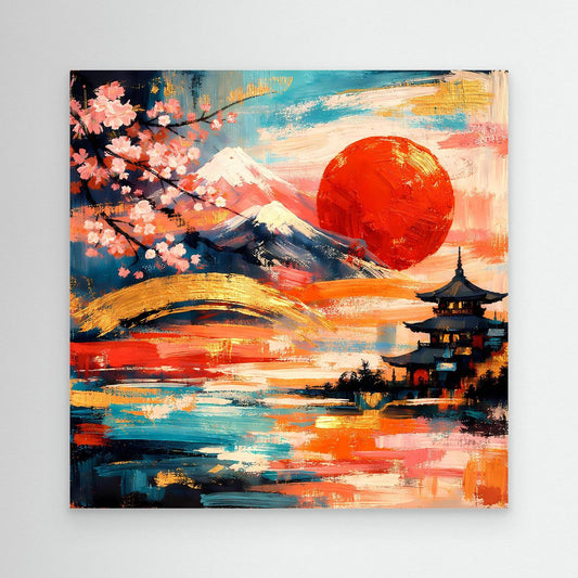 Gerahmtes Leinwandbild mit Fuji, roter Sonne, Kirschblütenzweig und Pagode im Farbmix