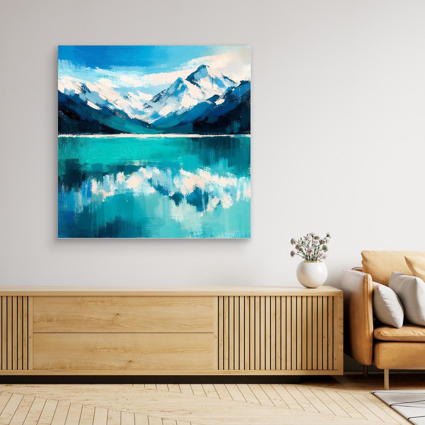 Leinwand Abstraktes Bergsee Gemälde | Modernes Alpines Wandbild Türkis Blau