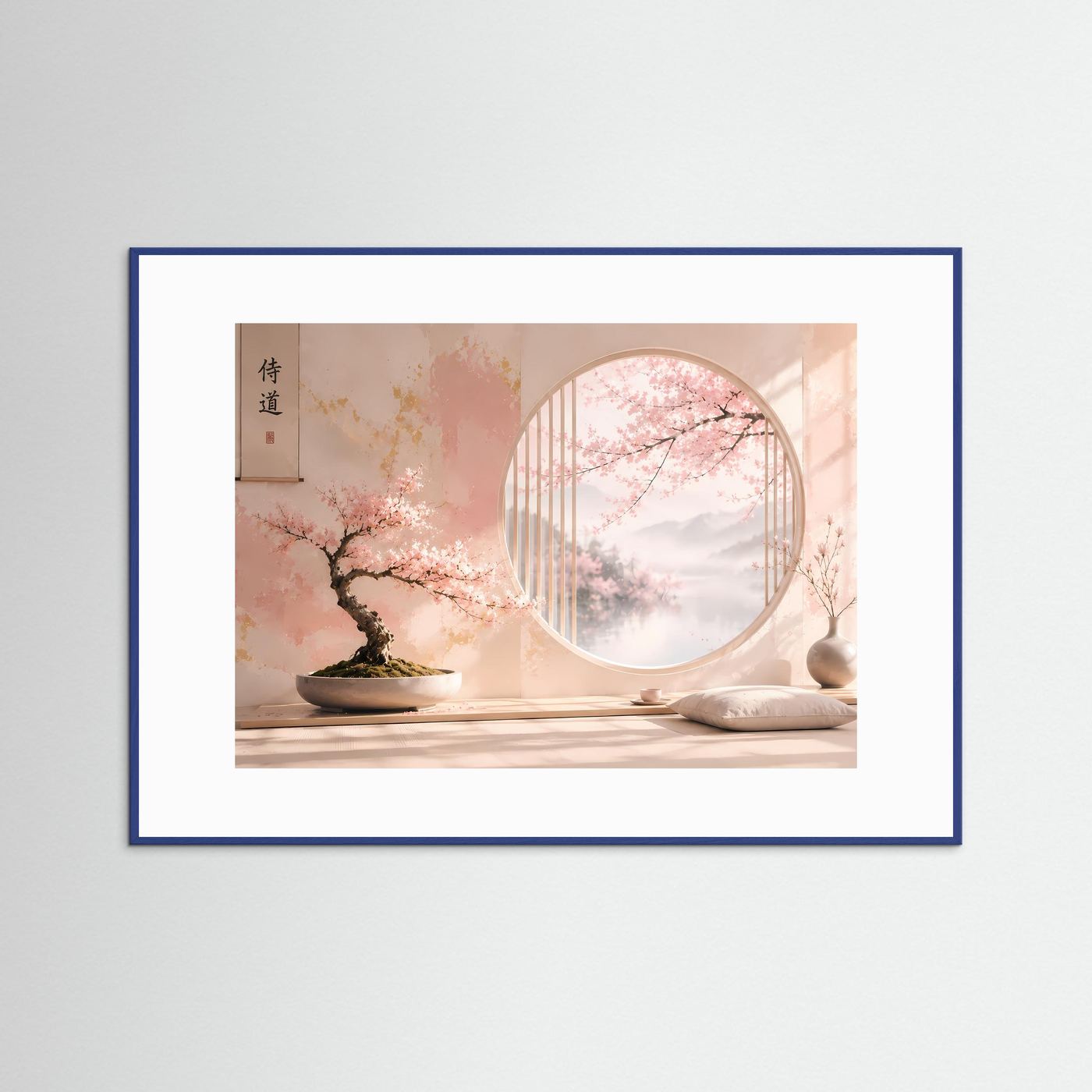 Japanischer Zen Garten mit Sakura Bonsai | Pastell Wandbild