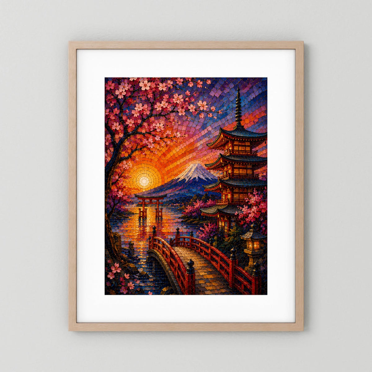 Hochformat-Poster im Mosaikstil mit Kirschblüten, Pagode und Fuji im Sonnenuntergang, naturfarbener Rahmen