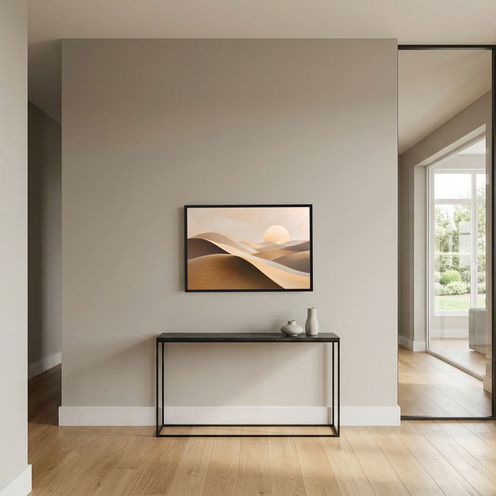 Wüstenlandschaft-Poster im Querformat mit Sanddünen in Beige und Braun, schwarzer Rahmen