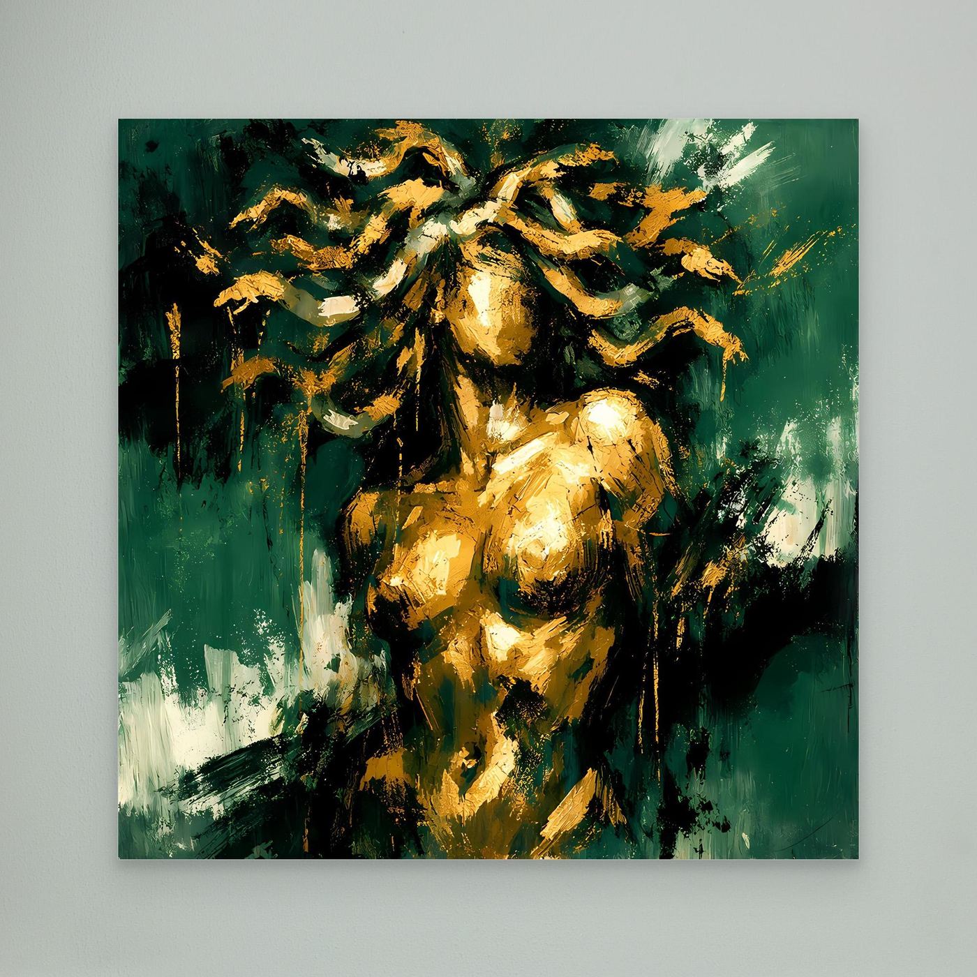 Leinwand Mystische Medusa in Smaragdgrün | Abstraktes Mythologie Wandbild Gold