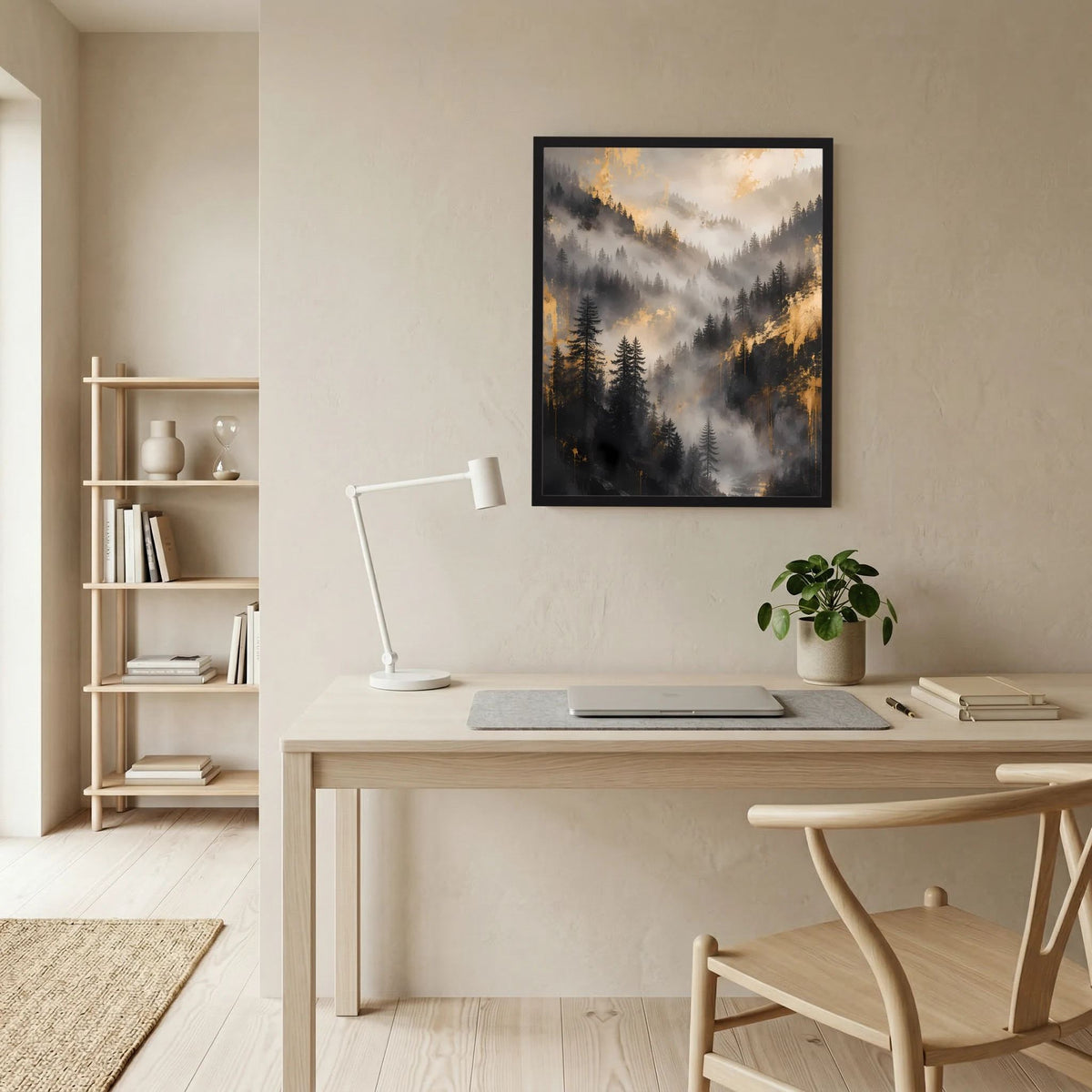 Gerahmtes Poster über Schreibtisch: neblige Berge mit Tannen und goldenen Lichtern
