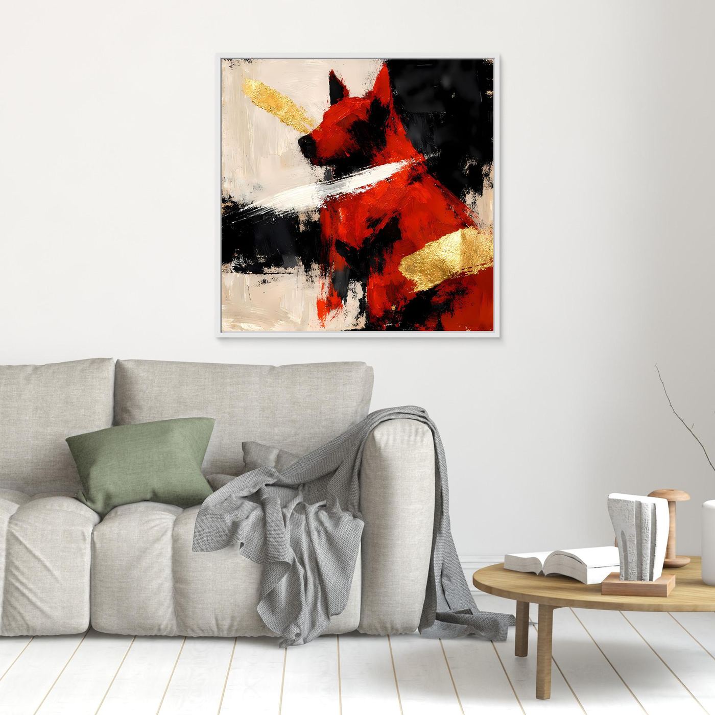 Abstraktes Hund-Wandbild in Rot und Gold mit weißen und schwarzen Pinselstrichen, ohne Rahmen