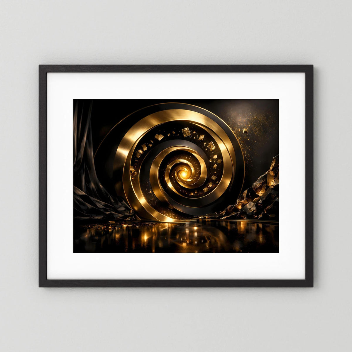 Wandbild im Querformat mit goldener 3D-Spirale, schwarzem Rahmen und weißem Passepartout