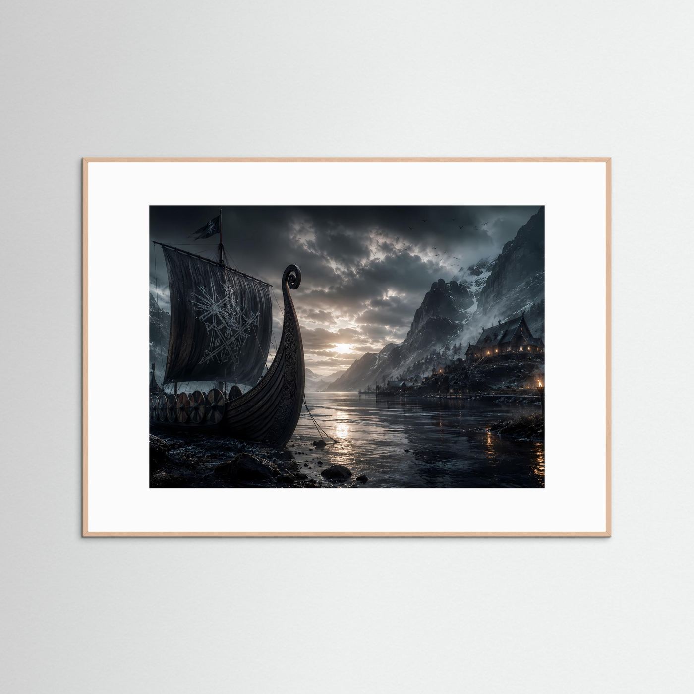 Wikinger im Fjord | Mystisches Langschiff zwischen Bergen – Nordische Wandkunst
