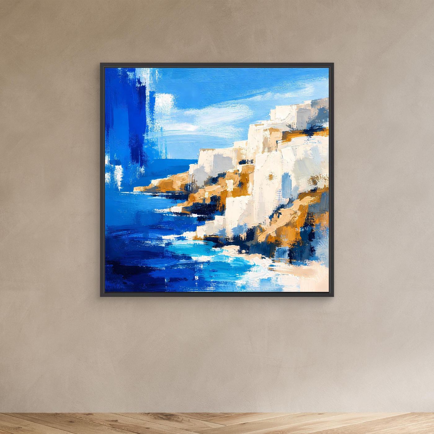 Abstraktes Leinwand-Wandbild Küste, schwarzer Rahmen, Blau und Weiß, orange Akzente