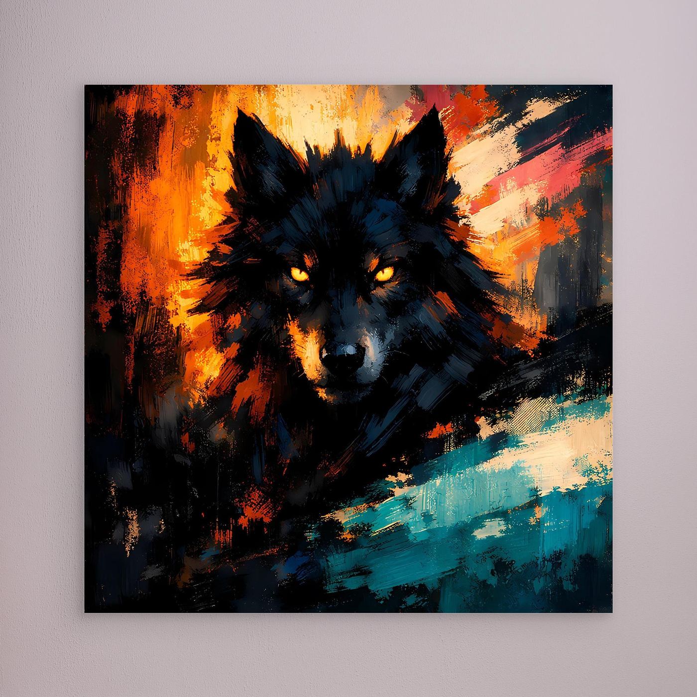 Wandbild mit abstraktem Wolfsgesicht und Flammenoptik, türkisfarbene Pinselstriche