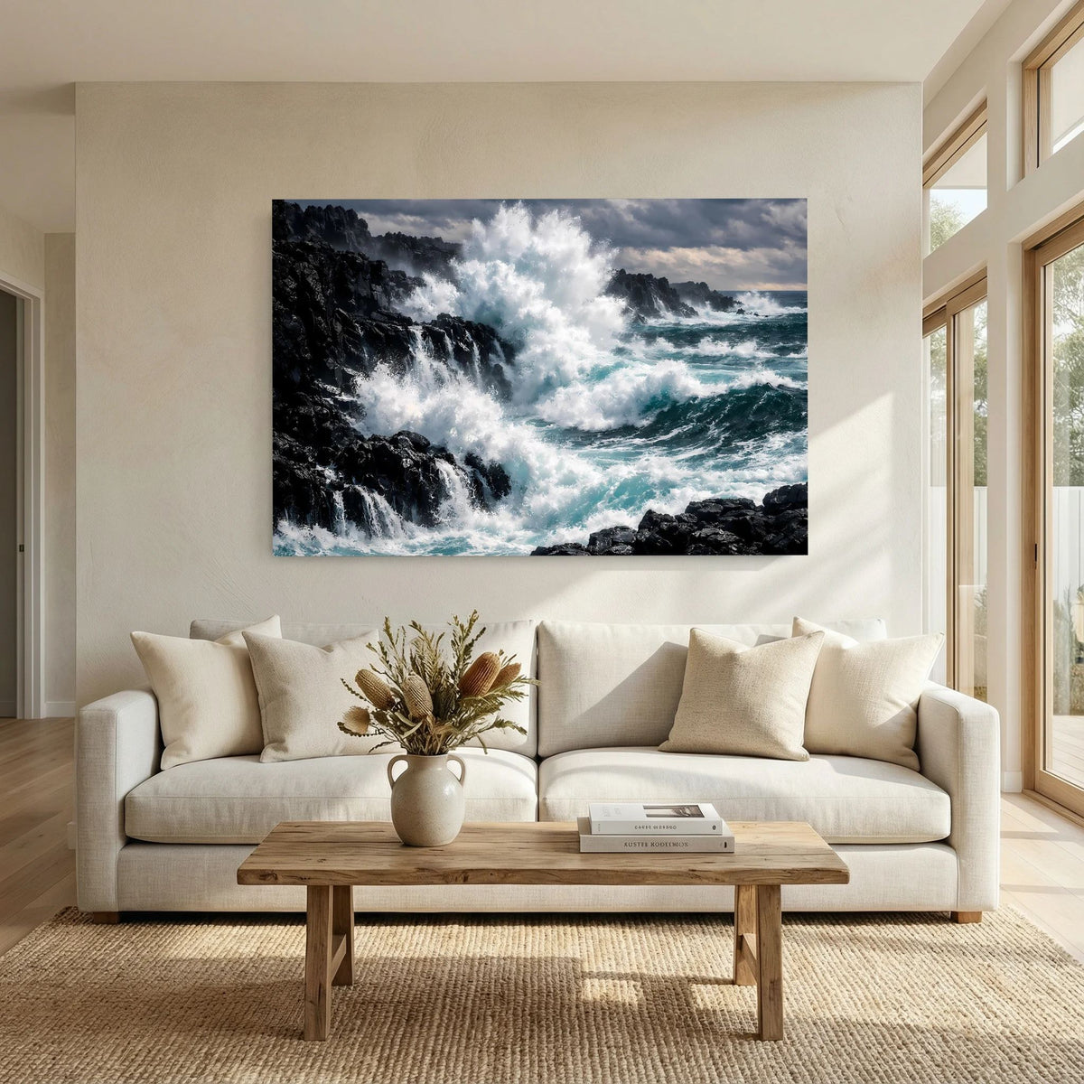 Querformat-Poster mit Meerbrandung und Felsen an der Steinküste, kräftige Wolken
