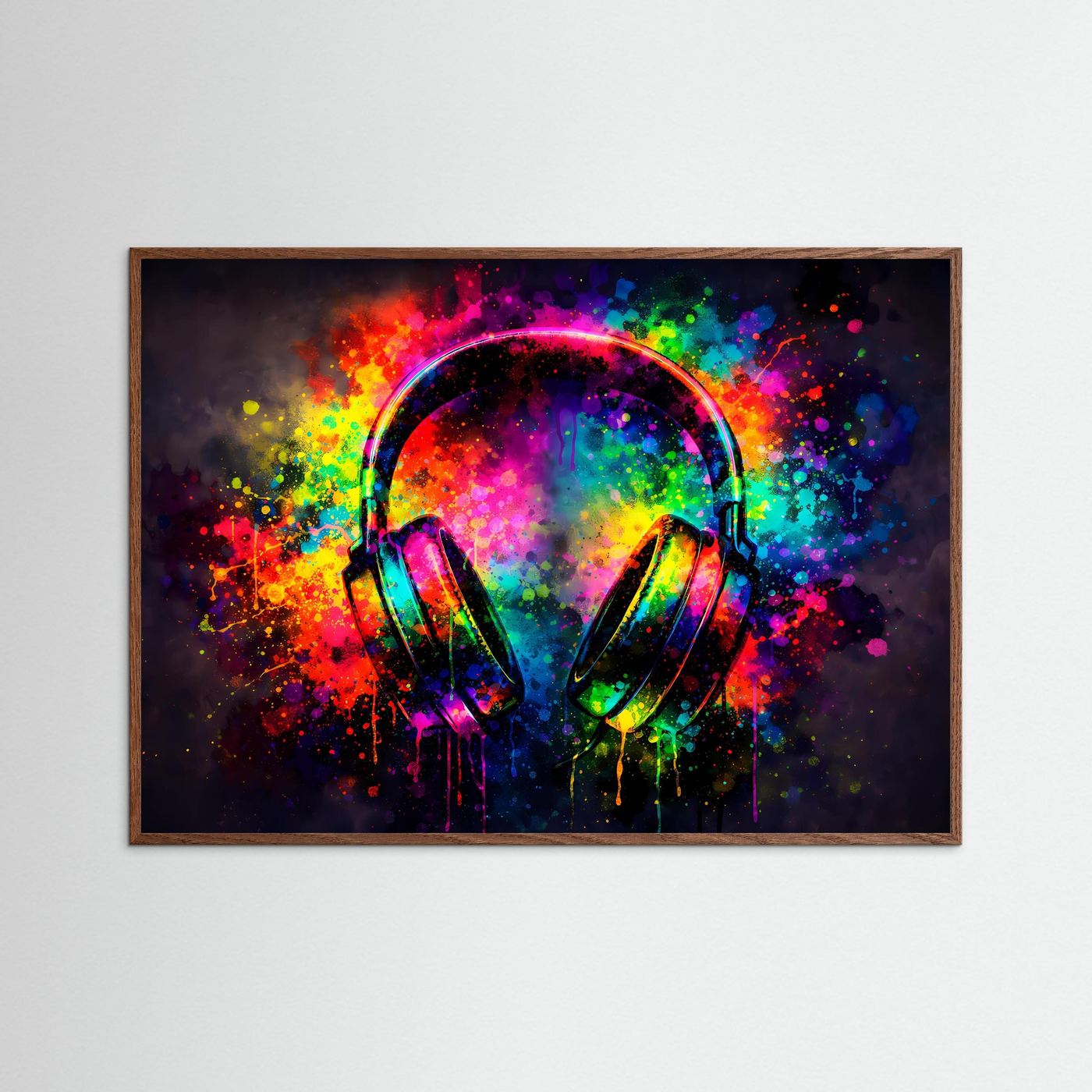 Musikposter mit Neon-Kopfhörern im Splash-Design, dunkler Holzrahmen, Querformat